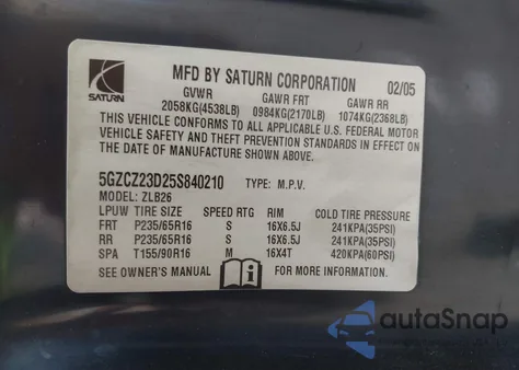 2005 Saturn Vue 4 Cyl from USA, damaged, VIN 5GZCZ23D25S840210